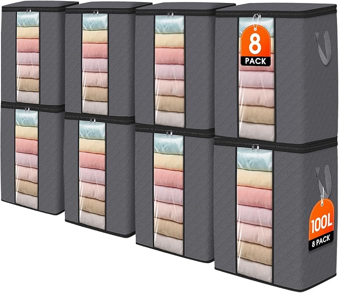 SpaceWhisper 8 Pack 100L Clothes Storage, Foldable Thick Fabric Blanket Storage Bags, Containers for Organizing Bedroom, Closet, Clothing, Comforter,Closet Organization with Handle,Grey