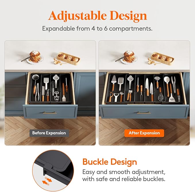 Lifewit Utensil Organizer for Kitchen Drawers, Expandable Cooking Utensil Tray, Adjustable Cutlery Silverware Flatware Holder, Plastic Spatula Tools Storage Divider, 18- 30 x 18.5", Black