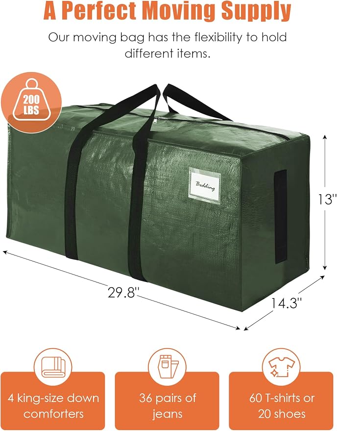 SWEET DOLPHIN 8 Pack 200LB Heavy-Duty Moving Bags with Wrap-Around Handles, Extra Large Storage Totes for Space Saving, Clothes Storage Bags, College Dorm Essentials, Green, 24 Gal