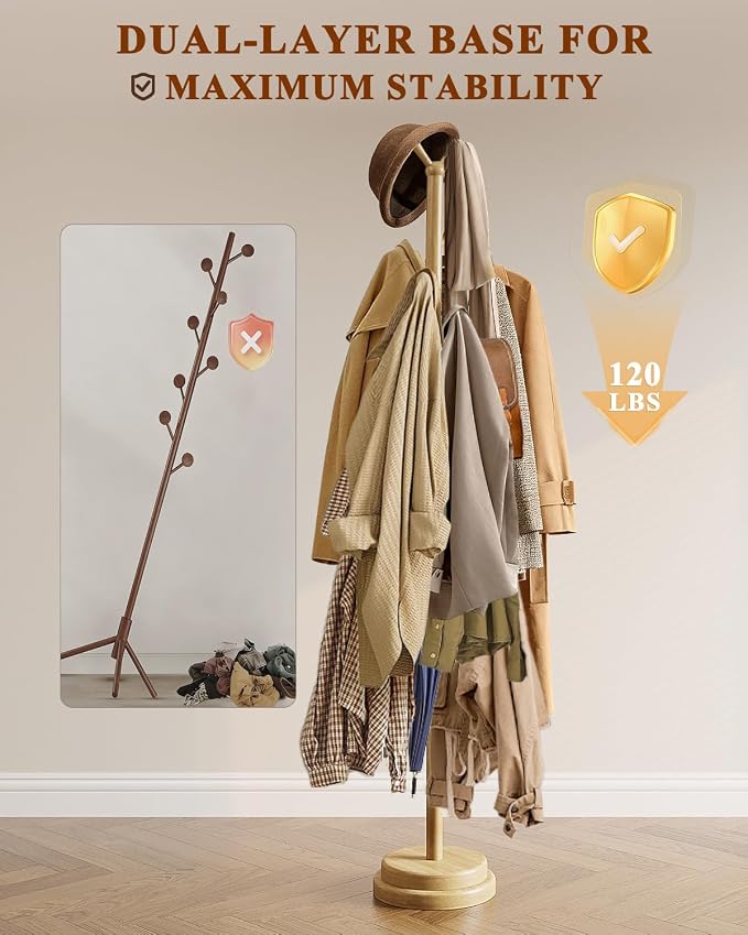 STARSAGA Solid Wood Coat Rack Freestanding Coat Tree with 8 Hooks | Adjustable Height Heavy Duty Coat Rack with Rounded Hooks & Dual-Layer Base, Holds Coats Hats Bags for Entryway, Bedroom