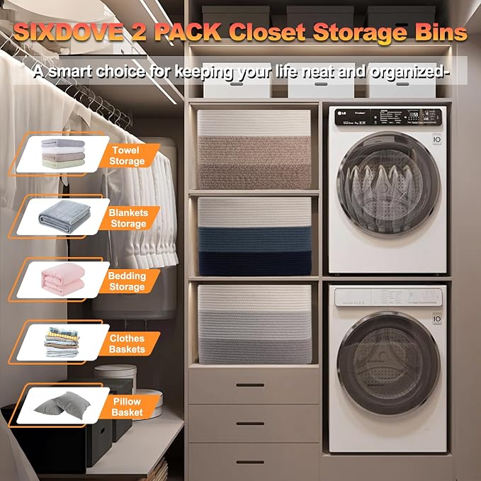 2 Pack Woven Storage Baskets for Closet, Toy Basket with Handles | Large Baskets for Organizing Shelves, Closet Storage for Blanket Living Room, Bedroom, Nursery, 15.8" x 11.8" x 11.8"