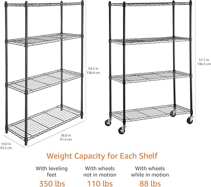 Amazon Basics 4-Shelf Heavy Duty Garage Shelving Storage Unit on 3" Wheel Casters, Adjustable Metal Wire Rack with Leveling Feet, 36" x 14" x 57.75", Black