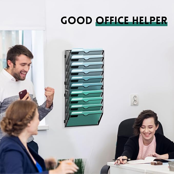 10-Tier Wall File Organizer, Hanging File Holder, Wall Mounted Mail Sorter | Metal Mesh Hanging File Organizer with Open Compartments and Label Panels for Papers and Folders at Home, Office or School