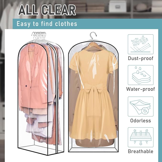 MISSLO 10" Gusseted All Clear Garment Bags for Hanging Clothes 50" Dress Bags for Closet Storage Coat Protectors for Suits, Gowns, 3 Packs