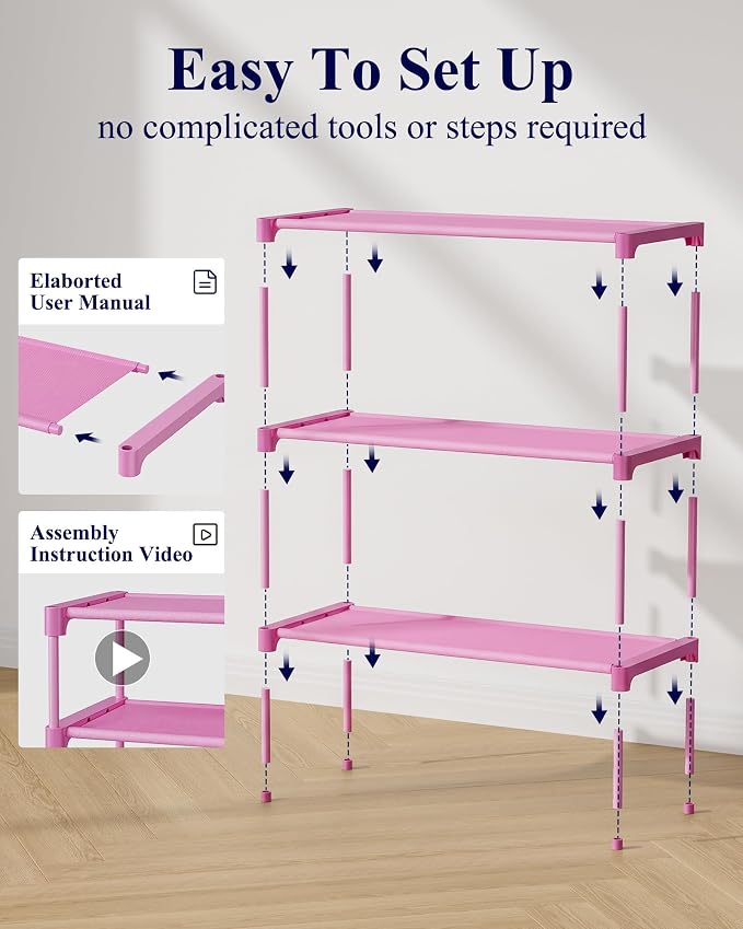 Kitsure Shoe Rack - Non-Woven Shoe Rack Shelf, 27.5" Wide - 3 Tier, Pink | Shoe Organizer for Closet, Entryway, Garage, Stackable Shoe Shelves, college dorm&apartment essentials