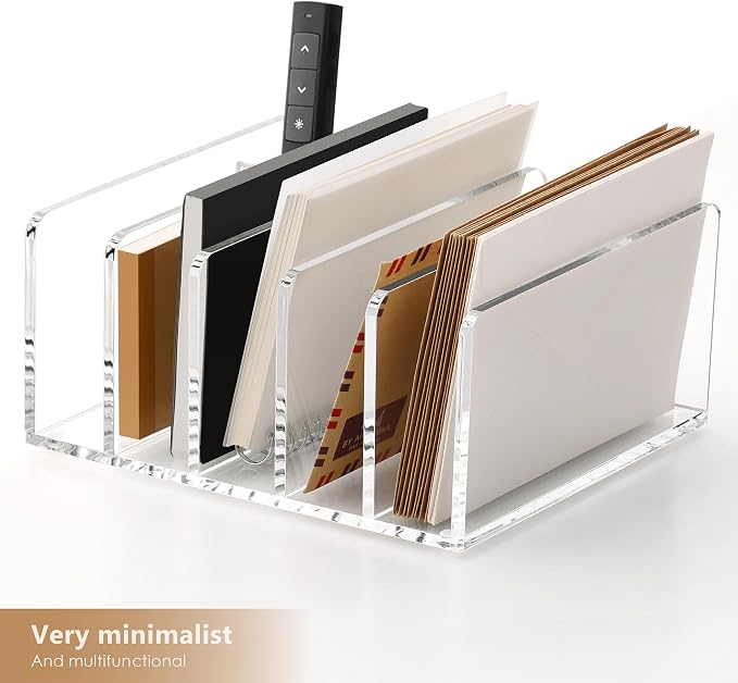 Acrylic Mail Sorter Desk Organizer with Pen Holder, 5 Compartments Clear | Small File Script Letter Document Storage for Desktop Bill Filling Envelope Holder Office, Home, School Organization