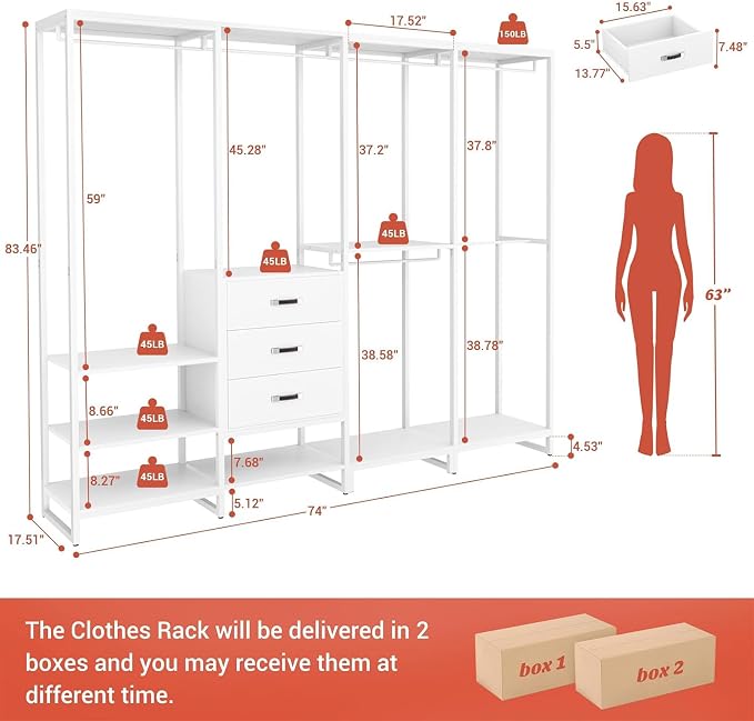 Freestanding Closet Organizer System with 3 Drawers, 6FT Heavy Duty Clothing Rack with Shelves and 6 Hanging Rods, Large Corner L Shaped Garment Rack, White
