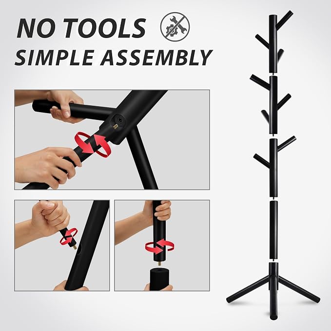 Unisakey 8-Hook Freestanding Wooden Coat Rack 3 Adjustable Heights Black | Stable Triangular Base for Safety,Durable Construction,Simple Tool-Free Assembly,Ideal for Bedroom Hallway Office Entryway