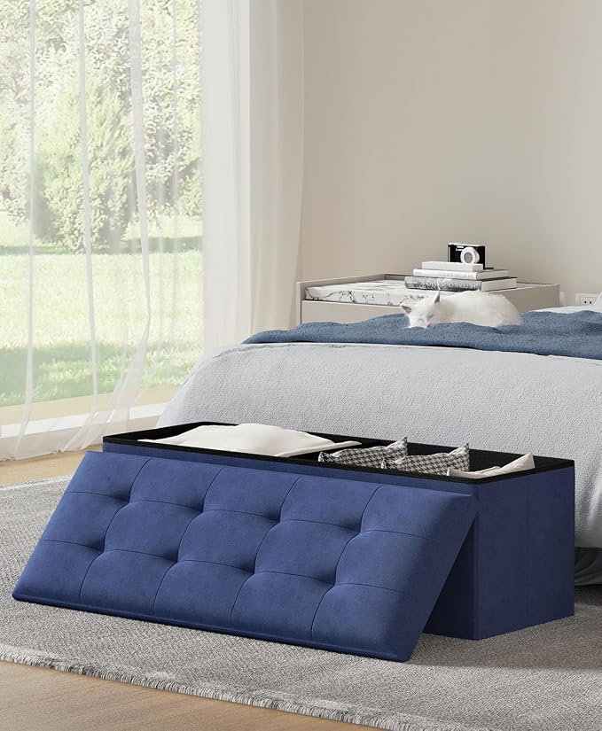 Folding Storage Ottoman Bench, Navy Blue, 43 Inches | Multi-Functional Ottoman Foot Rest, End of Bed Bench, Storage Chest, Living Room, Bedroom, Hallway, Entryway, 600 lb Capacity