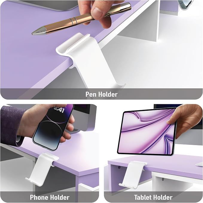Simple Houseware Desk Dual Monitor Stand Riser with Drawer, Purple | Customizable Organizer Tray, Built-In Phone & Tablet Slot and Side Storage