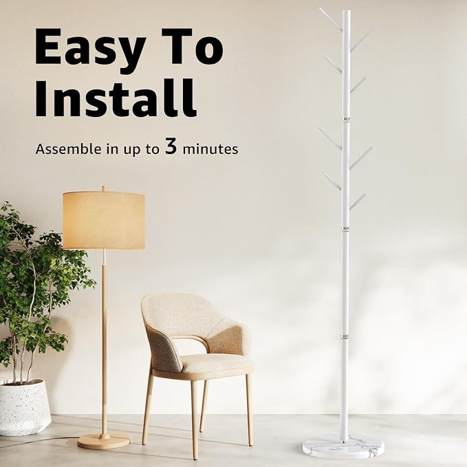 HzTinT Coat Rack with Natural Marble Base, 3 Adjustable Height Coat Tree | with 8 Metal Hooks, Holds Coats, Bags & Hats, For Entryway, Bedroom and Office, White