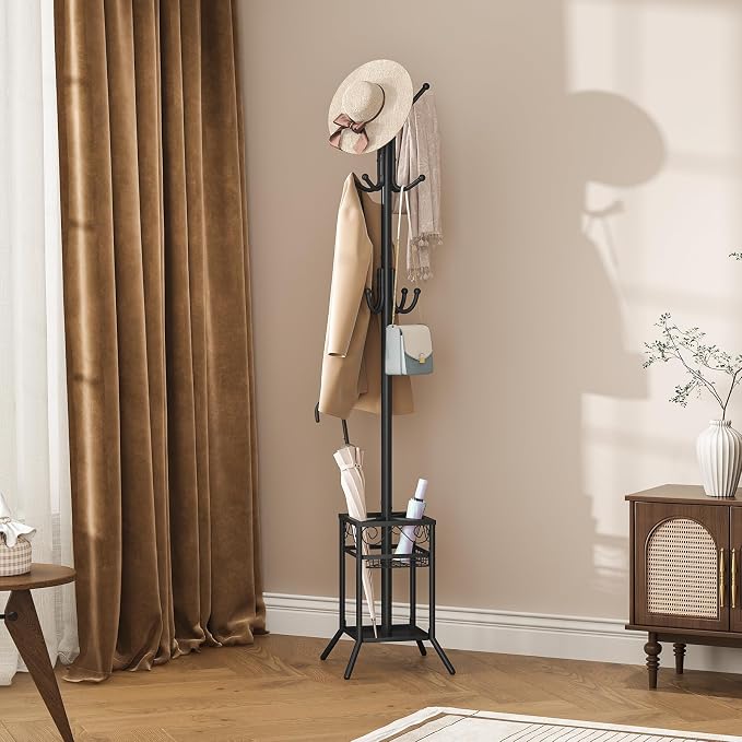 ELYKEN Coat Rack Freestanding, Metal Coat Rack with Umbrella Holder | 12 Hooks, Square Base, Heavy Duty Floor Standing Coat Tree for Entryway, Hallway, Living Room, Bedroom, Office, Black