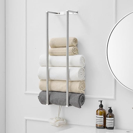 BWE Brushed Nickel Towel Rack Bathroom 28" Towel Holder for Rolled Towels | Stainless Steel Wall Mounted Towel Storage for Bathroom with 2 Hooks, 6 Large Bath Towels Capacity