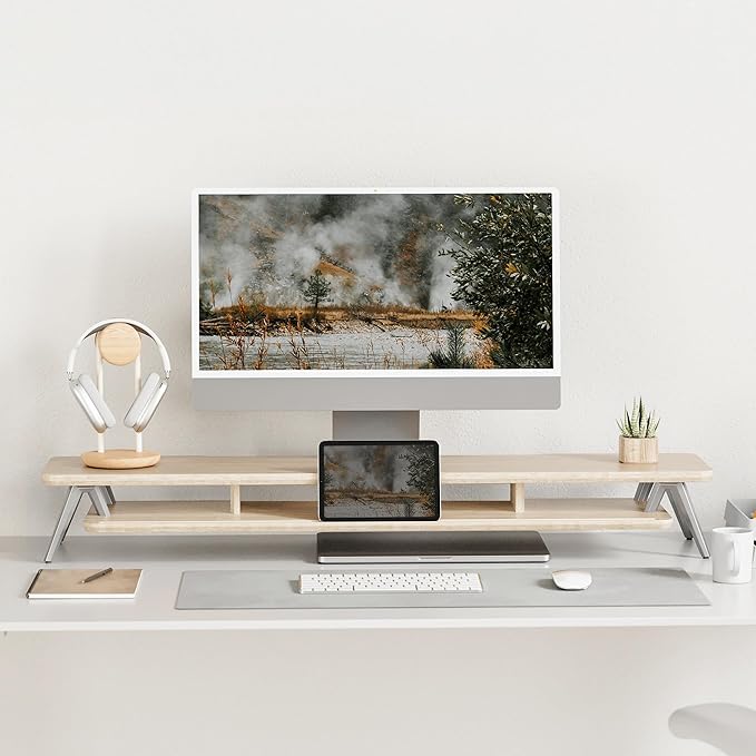 Fenge Dual Monitor Stand Riser, Wooden Desk Shelf with 2-Tier Storage | 42.5-Inch Wide, Sturdy Aluminum Legs, Built-In Phone & Tablet Slot, Desktop Organizer for Office Accessories