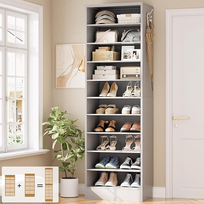 Aheaplus Tall Shoe Cabinet, 10 Tiers Narrow Wood Shoe Rack, Shoe Storage Organizer with Open Storage, Vertical Shoe Shelf Tower for 20-22 Pairs, Space Saving, for Closet, Entryway, Bedroom, Grey