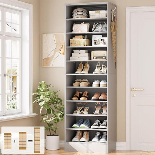 Aheaplus Tall Shoe Cabinet, 10 Tiers Narrow Wood Shoe Rack, Shoe Storage Organizer with Open Storage, Vertical Shoe Shelf Tower for 20-22 Pairs, Space Saving, for Closet, Entryway, Bedroom, Grey