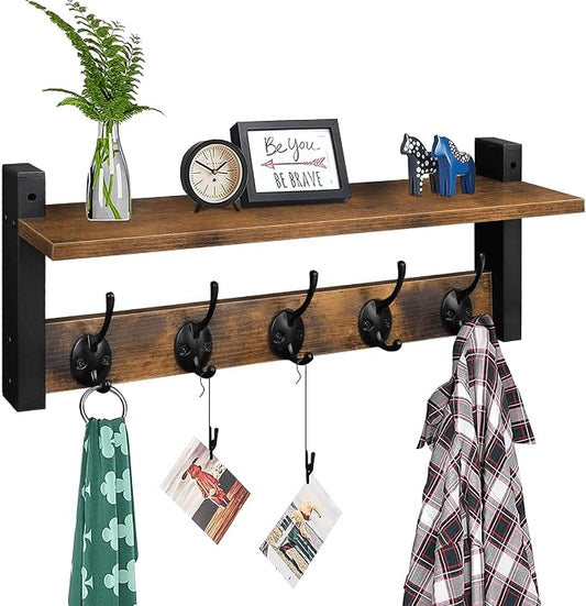 Homode Wall Hooks with Shelf, Wood Coat Rack with Shelf Wall-Mounted, Entryway Hanging Shelves with 5 Metal Hooks for Clothes Hats Towel Purse Robes, Bathroom Mudroom Bedroom, Rustic Brown Black