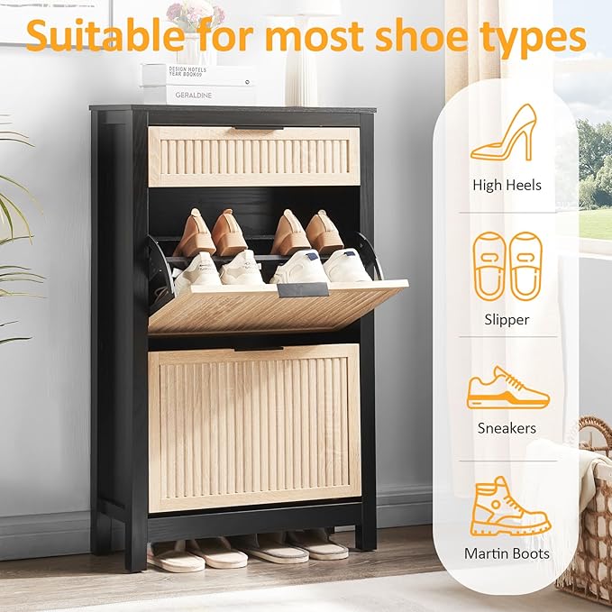 2-Flip Drawer Shoe Cabinet Narrow Entryway Rack, Oak&Black | Vertical Wood Grain, Metal Handles, Adjustable Compartments, Removable Shelf, Anti-Tip Device, for Hallway Foyer Entryway