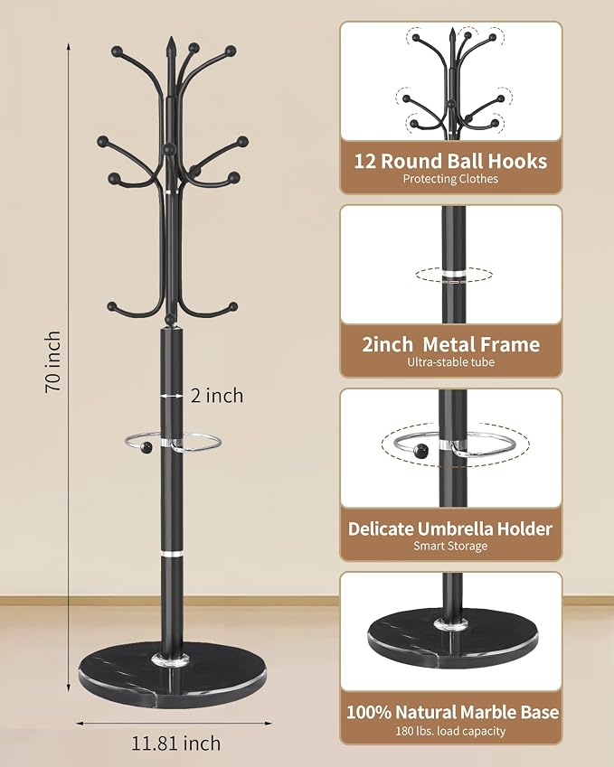 Modern Coat Rack Stand, Metal Freestanding Coat Rack with Natural Marble Base, Heavy-Duty Coat Racks with Umbrella Holder,Black Coat Hanger Stand with 12 Hooks for Office, Entryway, Hallway