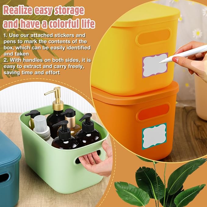 Thyle 12 Pack Pastel Colorful Plastic Storage Bins with Lids 7 Quart Toy Storage Box Stackable Nestable Organizer Boxes with Handle and Labels for Classroom Shelf Bedroom Desktop Toys School Supplies