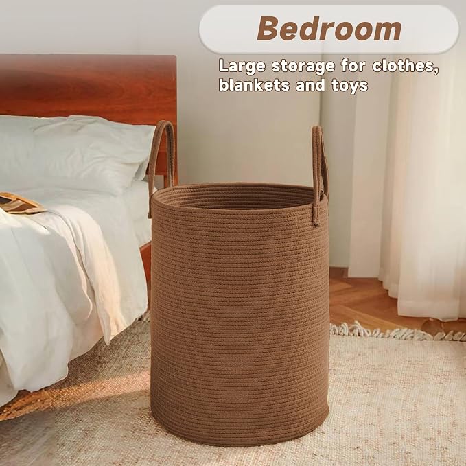 JMvicyroam 100L Cotton Rope Laundry Basket Hamper, Golden Jute | Collapsible laundry basket, reinforced handles, freestanding, machine washable, holds 3-5 thick blankets, clothes or toys
