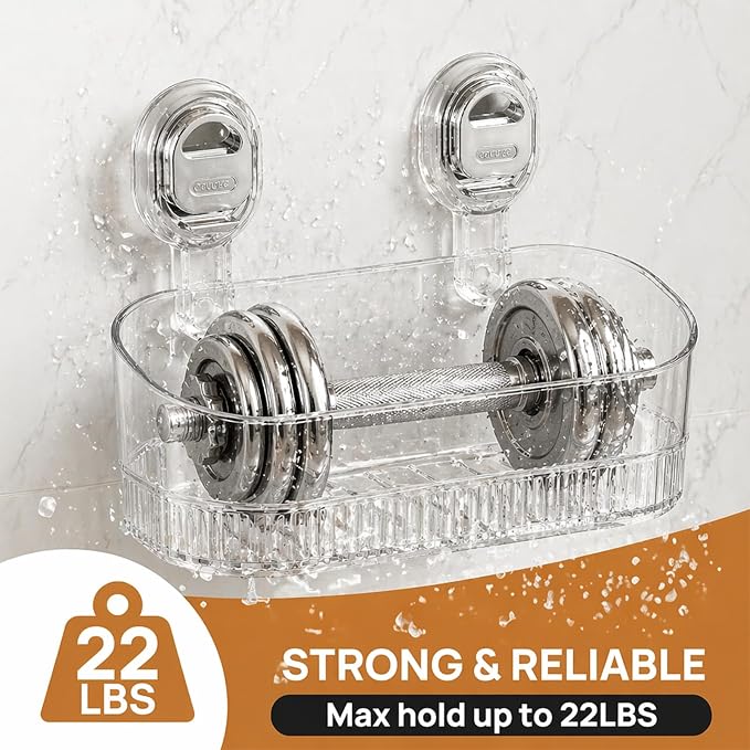 AVOKIHI Suction Cup Shower Caddy with 6 Hooks, No Drill Shower Shelf | Features 6 hanging hooks for loofahs and razors. Clear waterproof bathroom organizer. No drill traceless suction design.
