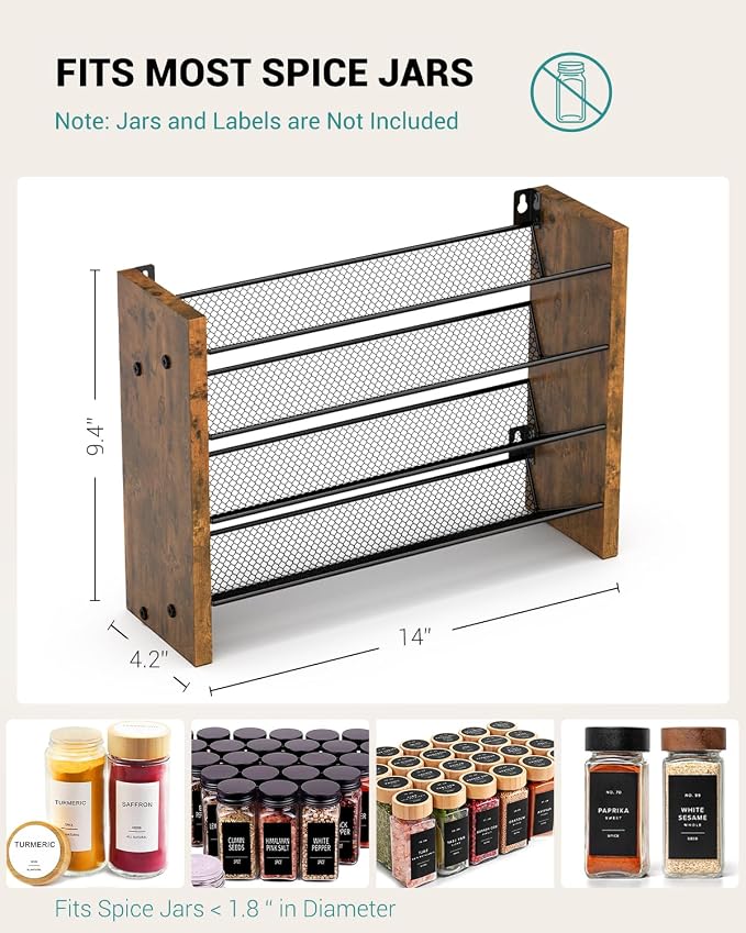 NESAPTO Spice Rack Organizer for Cabinet, Wood 4-Tier Vertical Seasoning Organizer, Wall Mount or Countertop Spice Shelf, Holds 28 Jars (No Jars Included), 14" W x 9.4" H