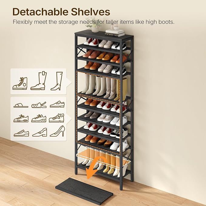 12-Tier Tall Shoe Rack Organizer, Wooden Shoe Storage for Closet Holds 48 Pairs, Sturdy Shoe Shelf with X-Shaped Metal Support, for Entryway, Bedroom, Black SS212BB