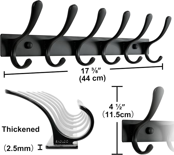 SKOLOO Coat Rack Wall Mounted - 6 Hooks, Heavy Duty, Stainless Steel, Metal Wall Hanger, Sturdy Coat Hooks for Hanging Coats, Jacket, Clothes, Hats - Black
