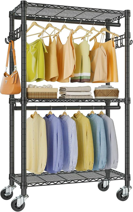 VIPEK R2 Mini Rolling Clothes Rack Heavy Duty Clothing Rack for Hanging Clothes Adjustable Portable Closet Metal Clothes Racks with Wheels Double Rods Side Hooks, Freestanding Garment Rack, Black
