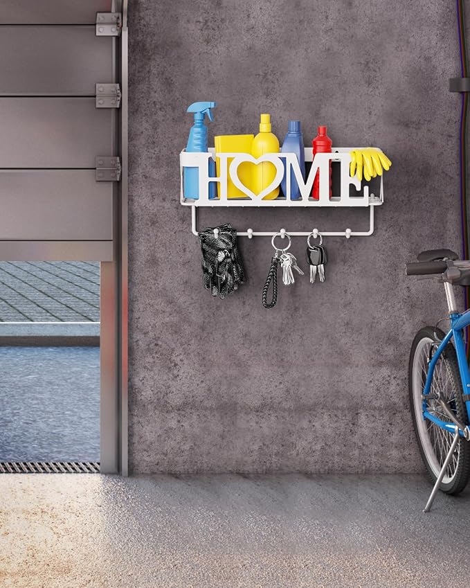 Key Holder Wall Mount - Adhesive Key Holder with 5 Hooks, Key Rack and Mail Organizer, Metal Basket Key Hanger for Entryway, Home, Living Room Decor, 11" L×2.8" W×4.9''H(White)