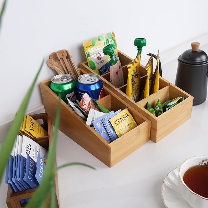 HTB 4-Section Snack Organizer with Removable Dividers for Kitchen 2 Pack | Bamboo Pantry Storage Organization for Spice Packets, Seasoning Pouches, Coffee Pods,Food,Drawer Countertop,Easy Access