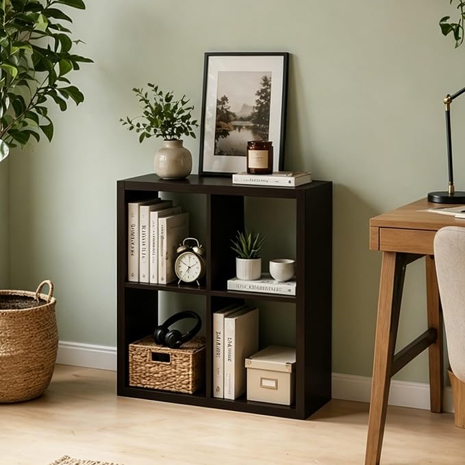 4 Cube Storage Organizer Shelf, Chocolate Color, 13in | 2026 Wooden Thick Frame, Anti-Tipping Kits, Reversible Open Back Bookcase