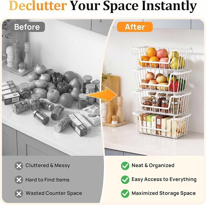 SUNALLY Stackable Storage Bins 6 Pcs Wire Baskets Freezer Organizer, White | Pantry Organizers Storage, Vegetable Fruit Storage Basket for Countertop, Kitchen Baskets for Onion Potato Snack Cans Storage