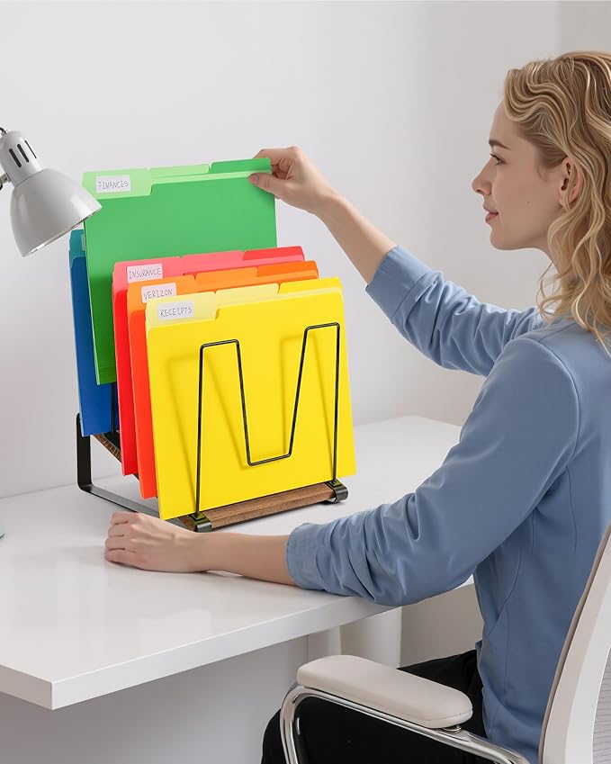 HULISEN Inclined Desk File Organizer, 5-Section Desktop File Folder Holder | Visible Tiered Design, Metal Rack with Wood Base, Vertical Storage for Binders Documents & Magazines, Classroom Office Use