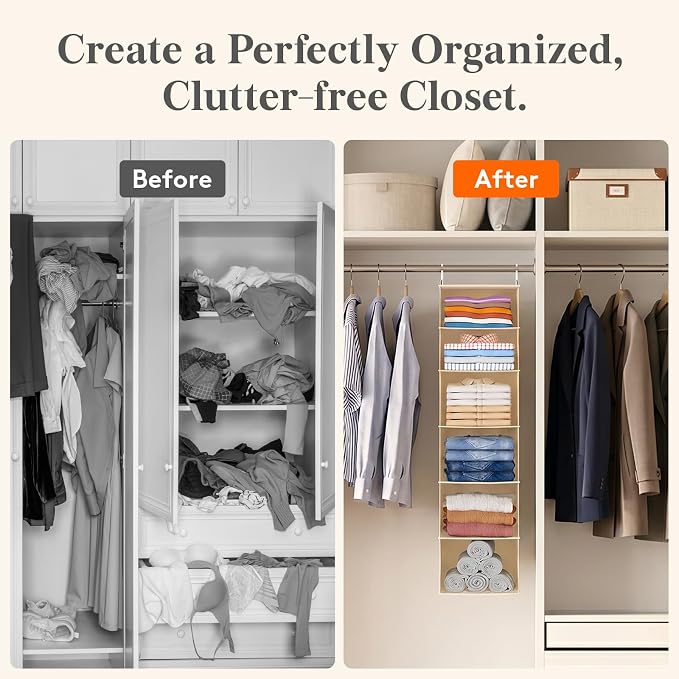 Lifewit 6 Tier Hanging Portable Closet Storage Organizer for Shelves, Gray | Foldable Clothes Shelf with 2 Sturdy Hooks, Sweater/Coat/Shoes Clothing Organization for Wardrobe, Dorm, Bedroom