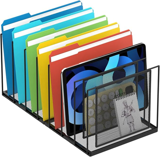 File Organizer For Desk, 7 Section Metal Desktop File Sorter, Black | Desk file organizer, connectable 7 section design, 2.17 in spacing, vertical folder storage for home office and classroom
