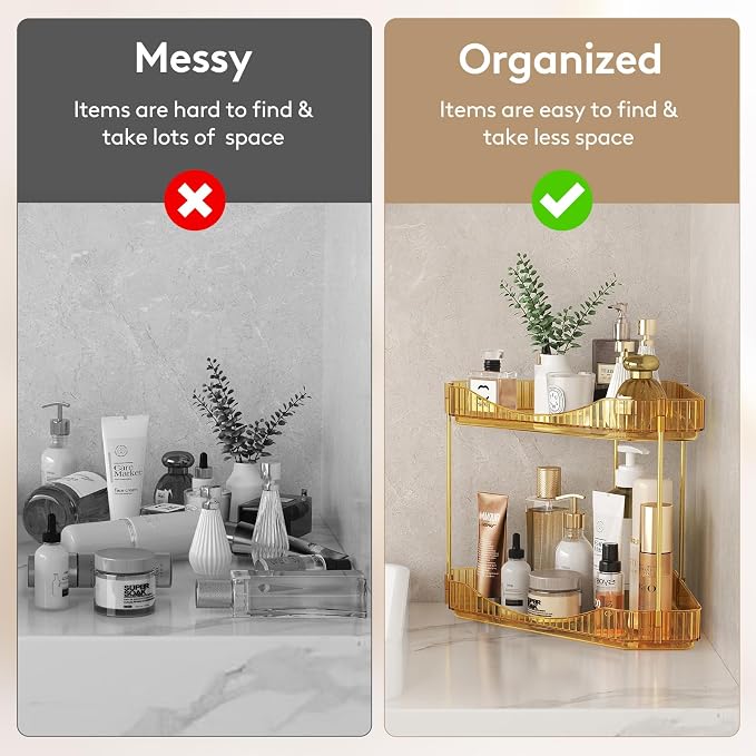 Lifewit 2 Tier Corner Bathroom Counter Organizers and Storage, Golden | Plastic Makeup Skincare Organizers Countertop, Large Sink Cosmetic Perfume Shelf for Bedroom, Dresser, Kitchen, Vanity