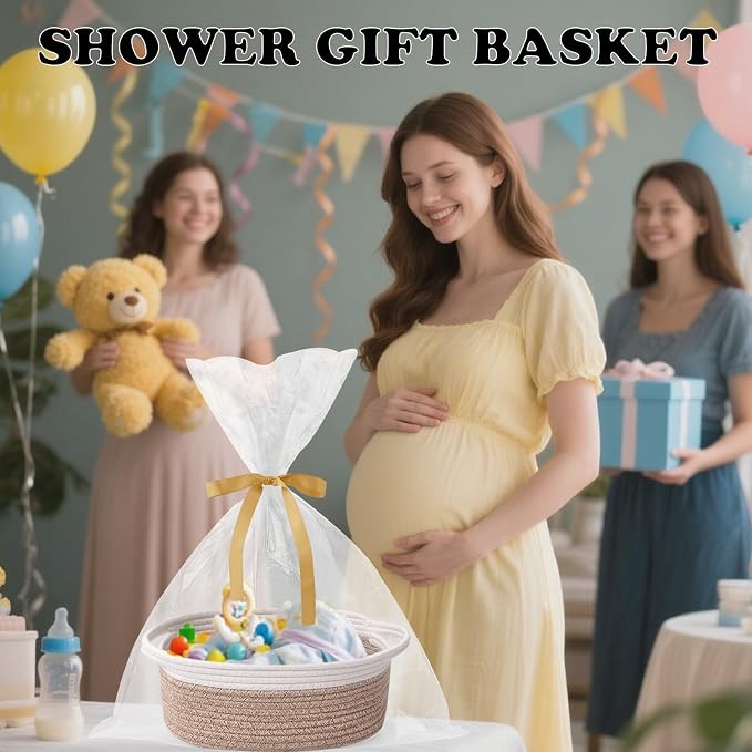 Woven Rope Basket - Baby Gift Basket with Bag & Ribbon, Mixed Brown | Cotton rope with handle, 12 x 8 x 5 in, gift bag and ribbon, for baby shower, birthday, toy storage, nursery, shelf decor