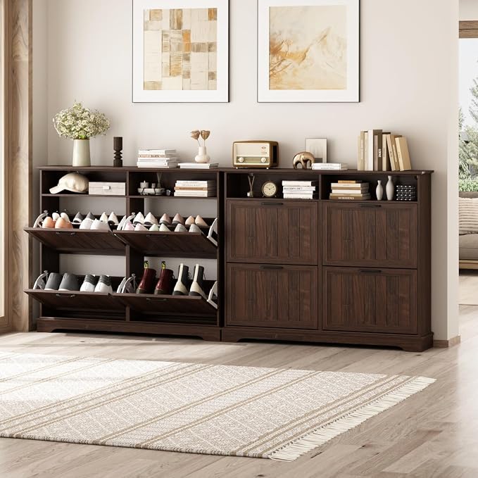Hidden Shoe Storage Cabinet with 4 Flip Drawers & Open Storage | Farmhouse Modern Shoes Rack Cabinet,Adjustable Shelves ,Narrow Slim Shoe Organizer for Front Door Entrance, Entryway, Walnut