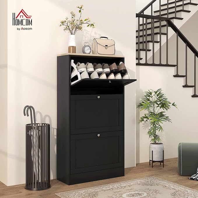HOMCOM Narrow Shoe Storage Cabinet for Entryway with 3 Flip Drawers and Adjustable Shelves, Shoe Rack Organizer for 18 Pairs of Shoes, Black