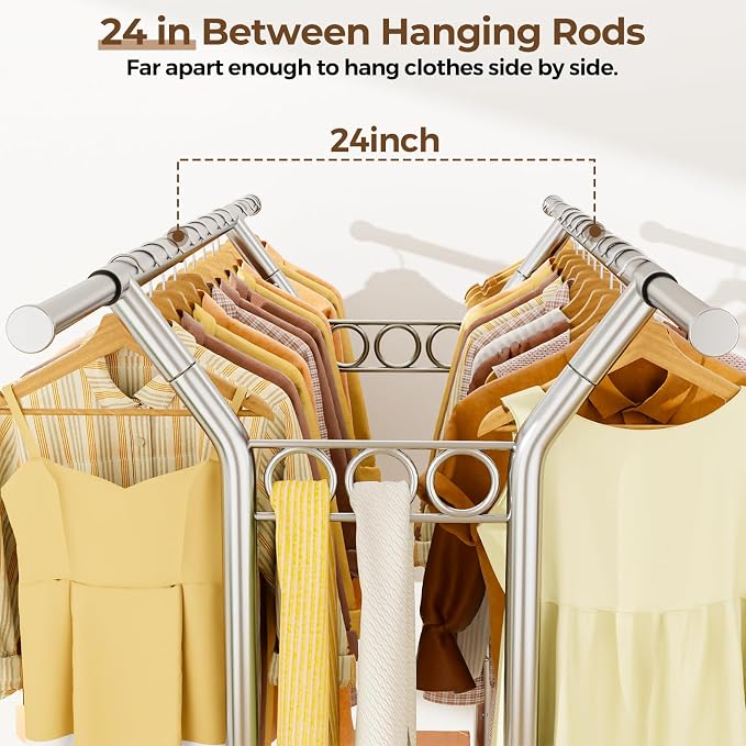 HYSEYY Heavy Duty Clothes Rack, Rolling Clothing Rack With Shelves Load 620 LBS, Double Rod Clothing Racks for Hanging Clothes, Portable& Adjustable Clothes Rack with Wheels Garment Rack