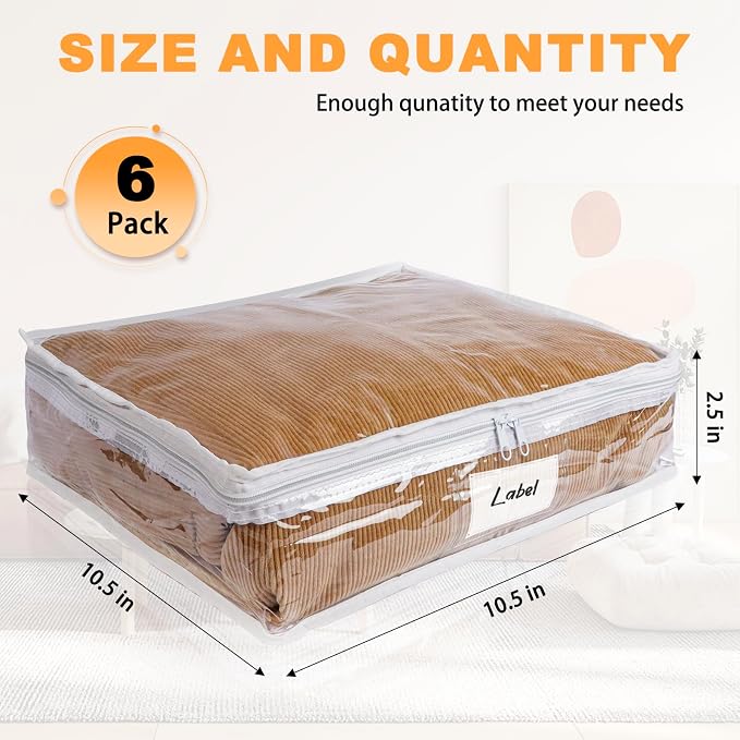 Clear Zippered Plastic Clothes Storage Bags, 6 Pack, White | Clear Storage Bags with Zipper Plastic Storage Bags for Clothes Sweaters Blankets Sheets, Size: 10.5 x 10.5 x 2.5 Inch