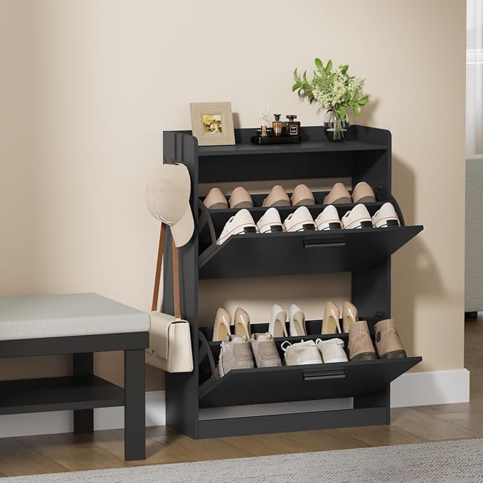 Shoe Cabinet Organizer with 2 Flip Drawers,Narrow Shoe Rack 23.6" W White | Freestanding shoe storage cabinet for entryway,foyer and hallway,slim design and space-saving flip drawers
