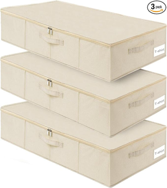 punemi Sturdy Underbed Wedding Dress Storage Box, 3Pack, Beige | Rigid Sides & Bottom, 50L Large Capacity for Evening Gowns & Heirlooms, Ideal for Closet, Shelf & Cabinet Storage