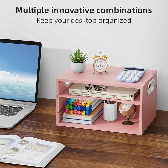 Marbrasse 3 Tier Wood Desk Organizer,Desk Paper Letter Tray Organizer，Pink | Wooden Desktop File Organizer with Handle and Paper Sorter Mail Holder for Office School & Home Supplies Organization