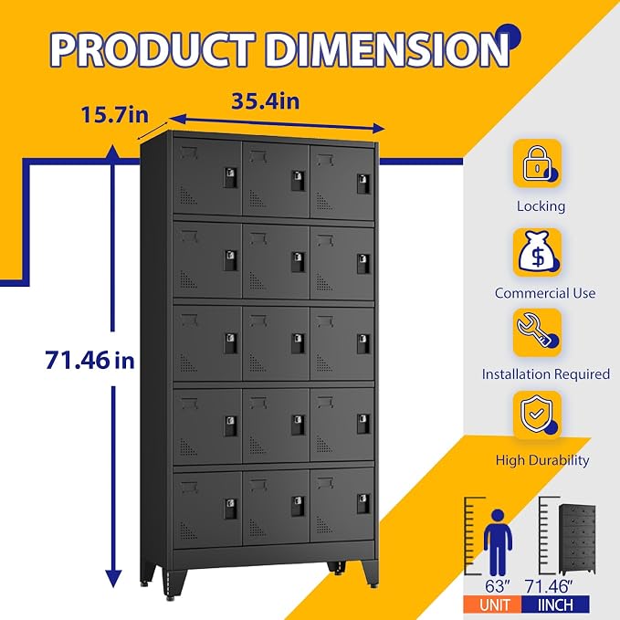 PAOFIN Metal Storage Lockers for Employees with Lock,Metal Storage Locker with 12 Doors for School Garage Office Gym Bedroom,Assembly Required,12 Door Black