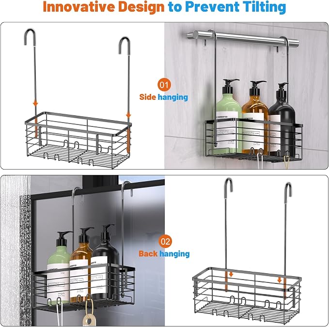 YUOROS 304 Stainless Steel Hanging Shower Caddy (Black) | Over the Door Shower Organizer Rack Rustproof Bathroom Storage Shampoo Holder Basket