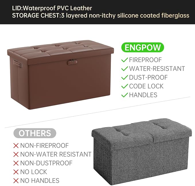 ENGPOW Storage Ottoman Bench,Fireproof Folding Bench with Lock,30 Inches Fire＆Water Resistant Storage Chest Foot Rest Stool Leather Bedroom Bench with Storage Safe for Document,Valuables, Brown