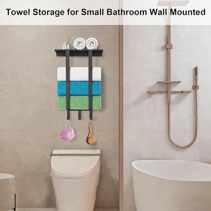Roll Towel Racks for Bathroom, Bethom Small Wall Shelf with Hooks, Black | Stainless Steel Towel Racks for Bathroom, Wall Mounted with Shelf